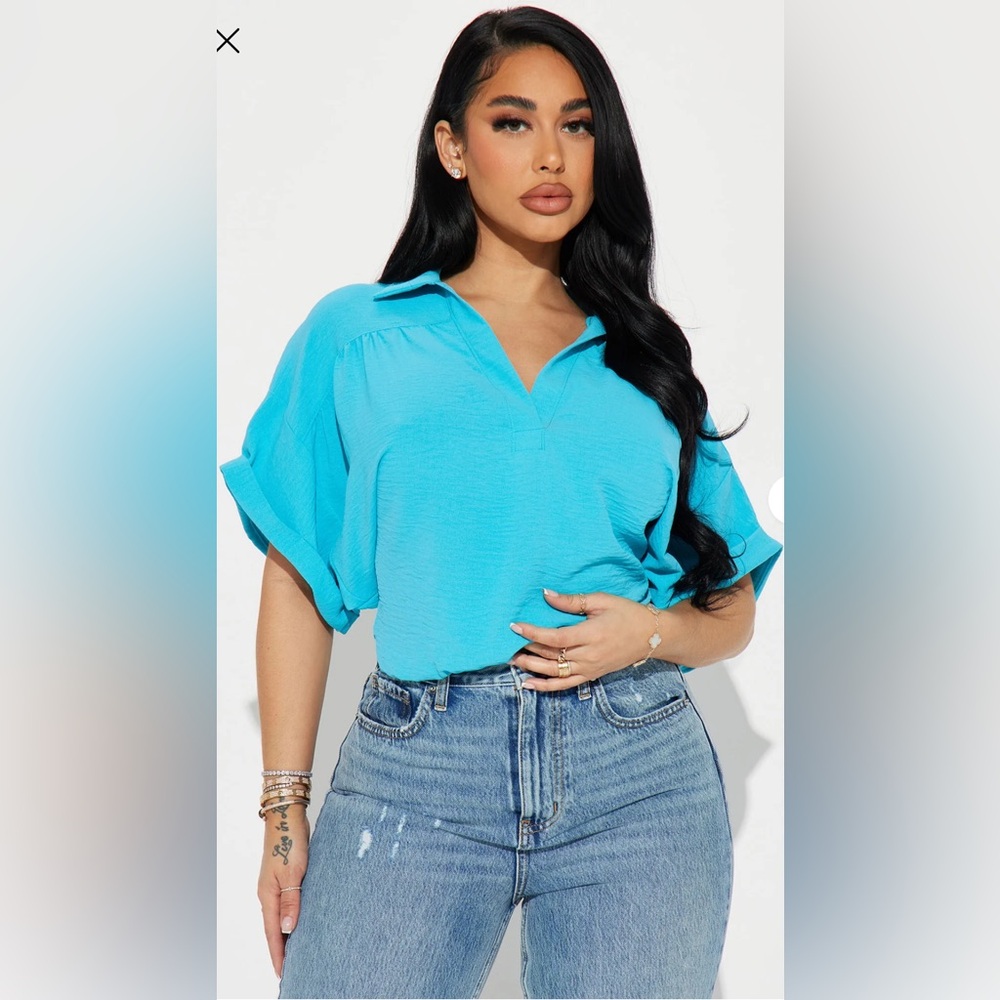 MOVING SALE!! $8!! Fashion Nova Blue Cuffed Sleeve Polo Blouse